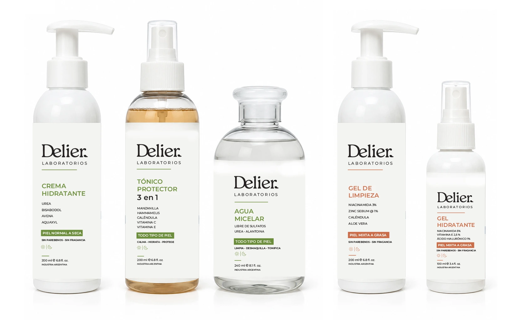 Línea completa Delier con sus cinco productos y packaging oficial